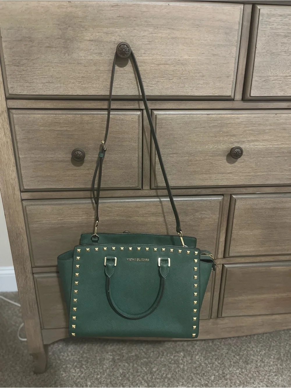 Michael Kors Dark Green Saffiano Satchel with Gold Studs